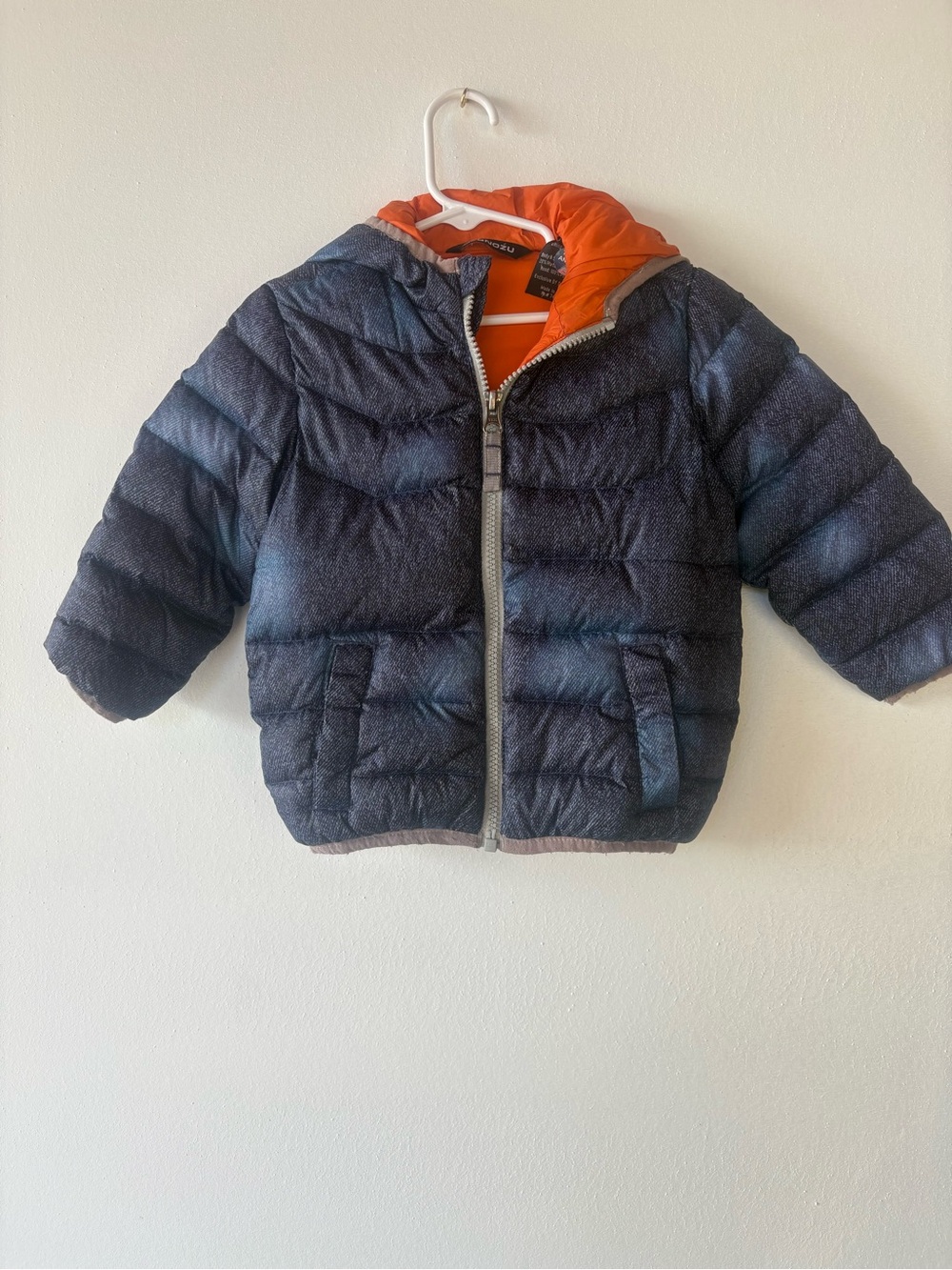 Snozu Navy Puffer Jacket with Bright Orange Hood Lining